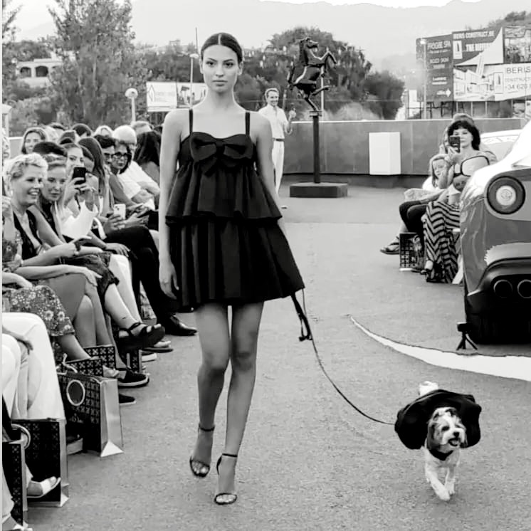 The Pepe Canela dress worn on the runway with Molly The Superstar wearing The Luxury Dog